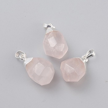 Natural Rose Quartz Pendants, with Brass Bails, Faceted, Teardrop, Silver Color Plated, 19~21x12~14x11~15mm, Hole: 5x3mm