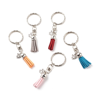 Faux Suede Tassel & Tibetan Style Alloy Pendant Keychain, with Iron Split Key Rings, Heart with Phrase Believe In Love, Mixed Color, 8.6cm