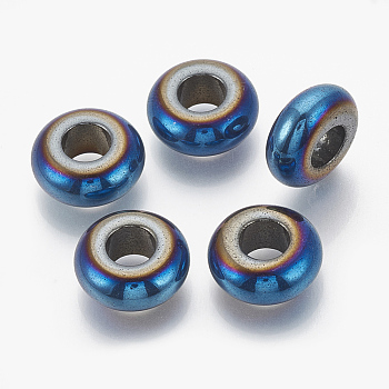Electroplated Non-magnetic Synthetic Hematite Beads, Large Hole Beads, Rondelle, Blue Plated, 14x6mm, Hole: 6mm