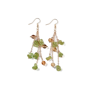 Golden Plated Brass Dangle Earrings, with Natural Olive Jade Chips, Jewely for Women, 80~84mm