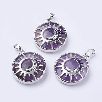 Natural Amethyst Pendants, with Brass Findings, Flat Round with Sun & Moon, Platinum, 31x27.5x8mm, Hole: 5x7mm