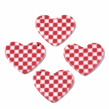 Opaque Cellulose Acetate(Resin) Pendants, Heart with Grid Pattern, Red, 23.5x27.5x2.5mm, Hole: 1.4mm