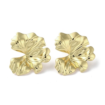 Rack Plating Brass Leaf Stud Earrings, Lead Free & Cadmium Free, Real 18K Gold Plated, 27x25.5mm