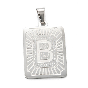 304 Stainless Steel Pendants, Rectangle with Alphabet, Letter.B, 30x20x1.5mm, Hole: 3x6mm