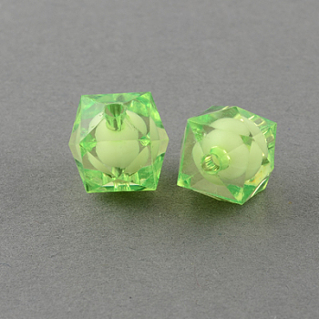 Transparent Acrylic Beads, Bead in Bead, Faceted Cube, Yellow Green, 10x9x9mm, Hole: 2mm