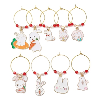 Easter Rabbit Alloy Enamel Wine Glass Charms, with Glass Bead and Brass Wine Glass Charm Rings, Mixed Color, 52~66mm, 9pcs/set