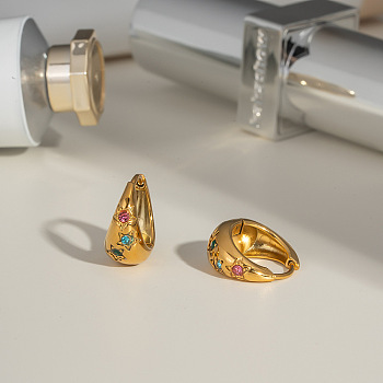 Stainless Steel Colorful Rhinestone Hoop Earrings, Real 18K Gold Plated, 15.3x7.9mm