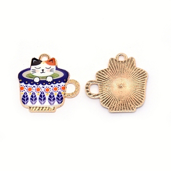 Japanese Style Print Alloy Enamel Pendants, Cup with Cat, Cadmium Free & Lead Free, Golden, Blue, 22.7x22.5x1.8mm, Hole: 1.8mm