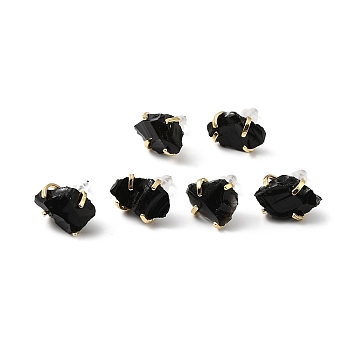 Raw Rough Natural Obsidian Stud Earrings, Light Gold Tone Brass Jewelry for Women, Cadmium Free & Lead Free, 15~17x11~12mm, Pin: 0.6mm