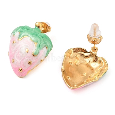 boucles d'oreilles à clous en émail fraise(EJEW-Z065-14G)-3