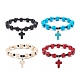 Natural Mashan Jade Skull Beaded Stretch Bracelet with Synthetic Turquoise(Dyed) Cross Charm(BJEW-JB08378)-1