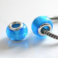 Handmade Silver Foil Glass European Beads, with Silver Color Plated Brass Cores, Rondelle, Deep Sky Blue, 14x10mm, Hole: 5mm(LPDL-R008-06)