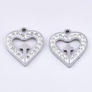 201 Stainless Steel Pendants, Crosslet Heart Pendants, with Polymer Clay Crystal Rhinestone, Heart with Cross, Stainless Steel Color, 17x16x2.5mm, Hole: 1.6mm(STAS-N091-13P)