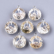 Transparent Epoxy Resin Pendants, with Natural Shell Inside and Platinum Plated Iron Loop, Diamond Shape, Clear, 23~24x20x13mm, Hole: 2mm(X-CRES-N025-11A)