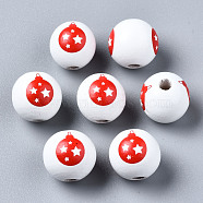 Painted Natural Wood European Beads, Large Hole Beads, Printed, Christmas, Round, White, 16x15mm, Hole: 4mm(WOOD-S057-041C)