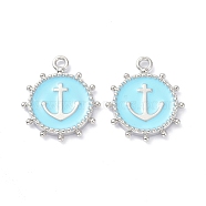 Eco-Friendly Stainless Steel Enamel Pendants, Platinum, Long-Lasting Plated, Flat Round with Anchor, Cyan, 20x16.5x2.2mm, Hole: 1.9mm(STAS-C031-02P-03)