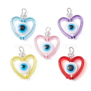 Transparent Acrylic Pendants, with Resin Beads and 6/0 Glass Seed Beads, Heart with Evil Eye, Mixed Color, 21x16x5mm, Hole: 2mm(PALLOY-JF02331)