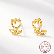 Sterling Silver Stud Earrings, Tulip Flower Earrings for Women, Golden, 8x5mm(VL4448-2)
