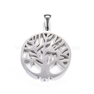 304 Stainless Steel Pendants, Flat Round with Tree of Life, Stainless Steel Color, 27.5x25x2mm, Hole: 7x3mm(STAS-K162-102P)