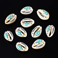 Printed Natural Cowrie Shell Beads, No Hole, Elephant Pattern & Word Happy, Turquoise, 18~23x13~16x7~8mm(SSHEL-N032-29)
