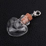Heart Glass Wishing Bottle Pendants, with Iron Findings and Brass Lobster Claw Clasps, Platinum, 45mm, Bottle Capacity: 1ml(0.03 fl. oz)(HJEW-JM00186-03)