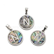 304 Stainless Steel with Paua Shell Pendants, Stainless Steel Color, Flat Round with Letter Charm, Letter.N, 18x16x1.5mm, Hole: 3x6mm(STAS-G268-02N-P)