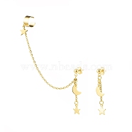 304 Stainless Steel Moon and Star Asymmetrical Earrings, Stud Earrings with Dangle Chain Ear Cuff Crawler Climber for Women, Golden, 39~109mm, Pin: 0.2mm, 2Pcs/set(EJEW-JE04888-01)