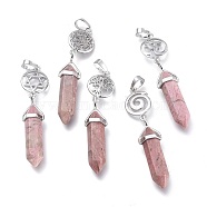 Natural Rhodochrosite Pointed Big Pendants, Double Terminated Pointed, with Platinum Plated Brass Findings, Faceted, Bullet, 59~67x14~15mm, Hole: 7x5mm, Gemstone: 41~44x8mm(G-D0021-01P-19)