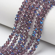 Electroplate Glass Beads Strands, Half Plated, Blue Plated, Faceted, Rondelle, Purple, 4x3mm, Hole: 0.4mm, about 123~127pcs/strand, 16.5~16.9 inch(42~43cm)(EGLA-A034-T4mm-I09)