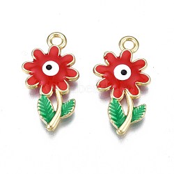 Rack Plating Alloy Enamel Pendants, Cadmium Free & Nickel Free & Lead Free, Light Gold, Flower with Evil Eye, Red, 25.5x14x3.5mm, Hole: 2mm(ENAM-S126-144D)