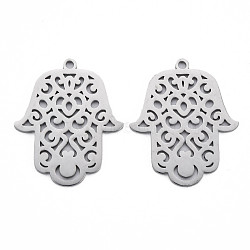 304 Stainless Steel Pendants, Laser Cut, Hamsa Hand/Hand of Miriam, Stainless Steel Color, 34.5x28x1mm, Hole: 2mm(STAS-N095-033)