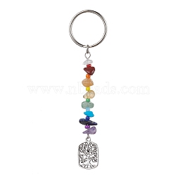 Tree of Life Tibetan Style Alloy Pendant Keychains, with Natural Gemstone Chip Beads and Iron Split Key Rings, Rectangle, 10.5cm(KEYC-JKC00689-04)