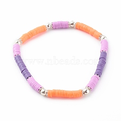 Handmade Polymer Clay Heishi Beaded Stretch Bracelets, with Brass Beads, Platinum, Plum, Inner Diameter: 2-1/8 inch(5.5cm)(BJEW-JB06146-03)