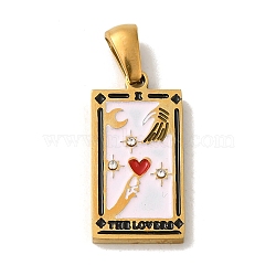 304 Stainless Steel Pendants, with Enamel and Glass Rhinestone, Rectangle with Tarot Charm, Golden, Red, 19x10.5x2.5mm, Hole: 4x7mm(STAS-C100-02D-G)