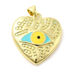 Real 18K Gold Plated Brass Pendants, with Enamel, Heart with Eye Charm, Yellow, 25x23.5x6mm, Hole: 5x3.5mm(KK-A198-07G-02)