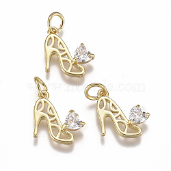 Brass Micro Pave Cubic Zirconia Stilettos Charms, with Jump Ring, Long-Lasting Plated, High-heeled Shoes, Clear, Real 18K Gold Plated, 11x12x3mm, Hole: 3mm(X-ZIRC-F111-13G)
