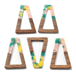 Resin and Walnut Pendants, Trapezoid, Mixed Color, 38x24.5x2.5mm, Hole: 1.8mm(FIND-R051-03C)