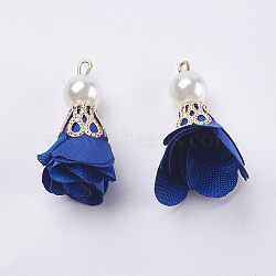 Nylon Pendant Decorations, with Iron Findings, and Acrylic Pearl Beads, Flower, Light Gold, Royal Blue, 30x27mm, Hole: 2mm(CCB-F007-E15)