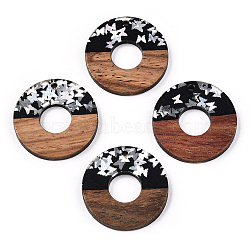Opaque Resin & Walnut Wood Pendants, Donut/Pi Disc Charms with Butterfly Paillettes, Waxed, Silver, Donut Width: 13mm, 28x3.5mm, Hole: 2mm(RESI-N039-63B)
