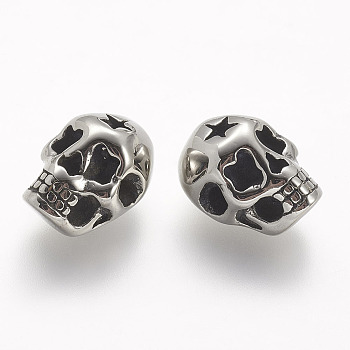 304 Stainless Steel Beads, Skull, Antique Silver, 14x11x8.5mm, Hole: 3mm