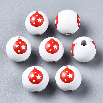 Painted Natural Wood European Beads, Large Hole Beads, Printed, Christmas, Round, White, 16x15mm, Hole: 4mm