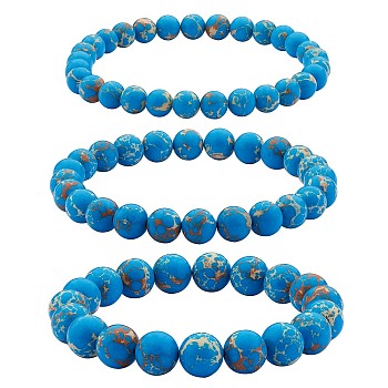 3Pcs 3 Size Synthetic Imperial Jasper Round Beaded Stretch Bracelets Set, Gemstone Jewelry for Women, Steel Blue, Inner Diameter: 2-1/8 inch(5.5cm), Beads: 6~10mm, 1Pc/size