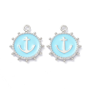 Eco-Friendly Stainless Steel Enamel Pendants, Platinum, Long-Lasting Plated, Flat Round with Anchor, Cyan, 20x16.5x2.2mm, Hole: 1.9mm