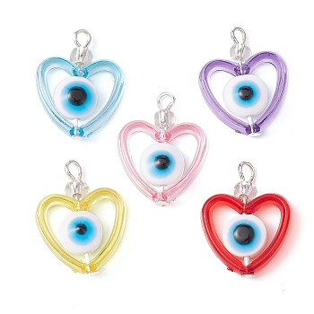 Transparent Acrylic Pendants, with Resin Beads and 6/0 Glass Seed Beads, Heart with Evil Eye, Mixed Color, 21x16x5mm, Hole: 2mm