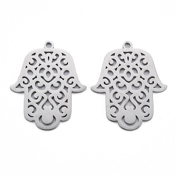 304 Stainless Steel Pendants, Laser Cut, Hamsa Hand/Hand of Miriam, Stainless Steel Color, 34.5x28x1mm, Hole: 2mm