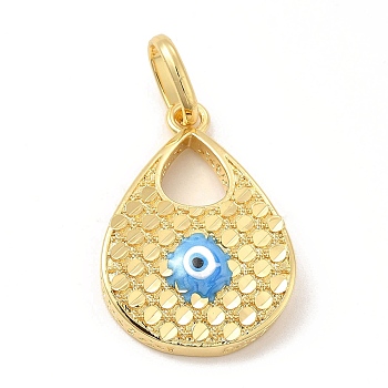 Brass Pendants, with Enamel, Real 18K Gold Plated, Long-Lasting Plated, Teardrop with Evil Eye Charm, Deep Sky Blue, 34x23.5x6mm, Hole: 10x7mm