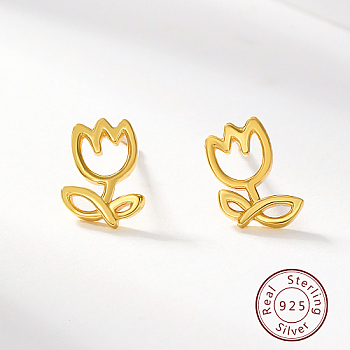Sterling Silver Stud Earrings, Tulip Flower Earrings for Women, Golden, 8x5mm