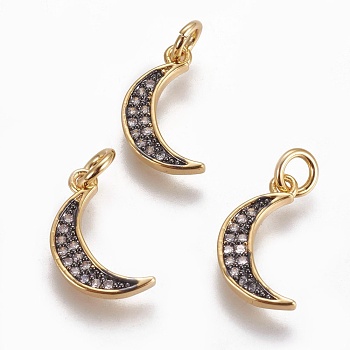 Brass Micro Pave Cubic Zirconia Charms, with Enamel, Moon, Golden, 15x8x2mm, Hole: 3mm