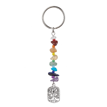 Tree of Life Tibetan Style Alloy Pendant Keychains, with Natural Gemstone Chip Beads and Iron Split Key Rings, Rectangle, 10.5cm