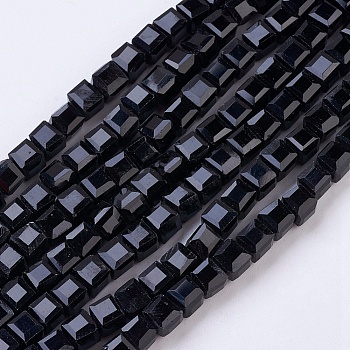 Glass Bead Strands, Faceted, Cube, Black, 4x4x4mm, Hole: 1mm, about 100pcs/strand, 17 inch